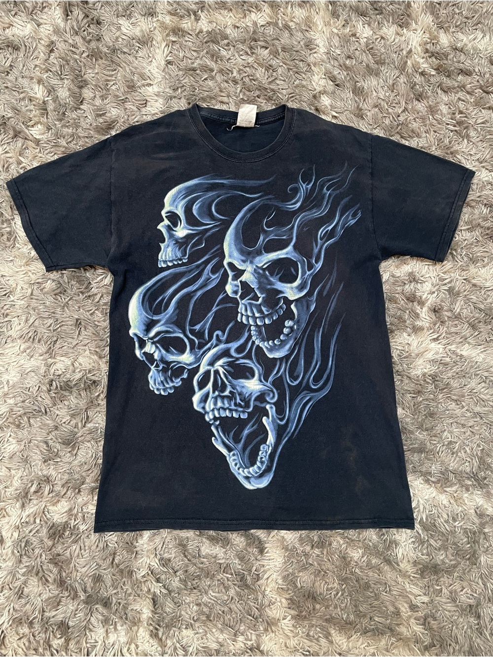 Fruit of the Loom Flaming Skulls T-Shirt Size M Black Graphic Tee